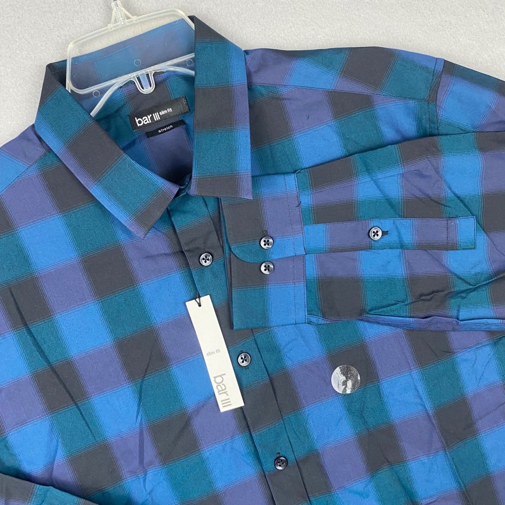 Bar III Slim Fit Stretch Dress Shirt Blue Navy Plaid 16.5 32-33 Large NWT